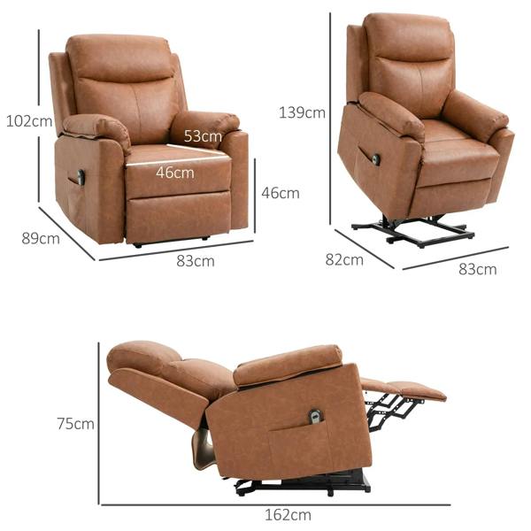 Brown electric riser recliner chair with size diagram from front, side, and back angles