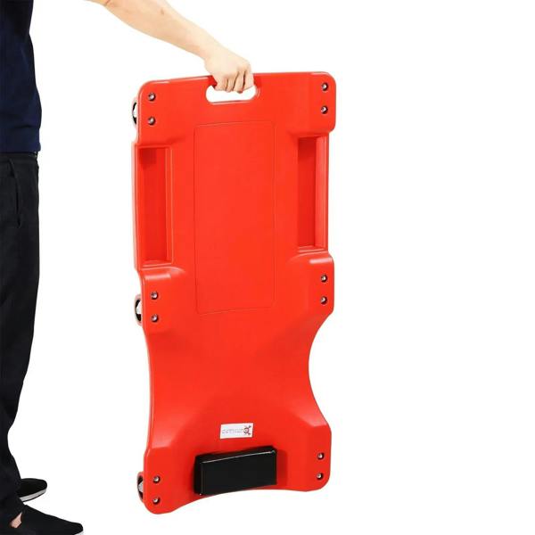 Red mechanic creeper with black headrest pad and top carry handle