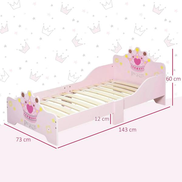 Pink toddler princess bed with crown headboard and safety rails, shown with slatted base