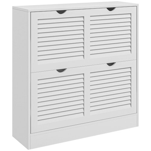 Wyld Haus Nelu Neka Wooden White Slim Entryway Shoe Cabinet With 2 Flip Drawers Slatted Design