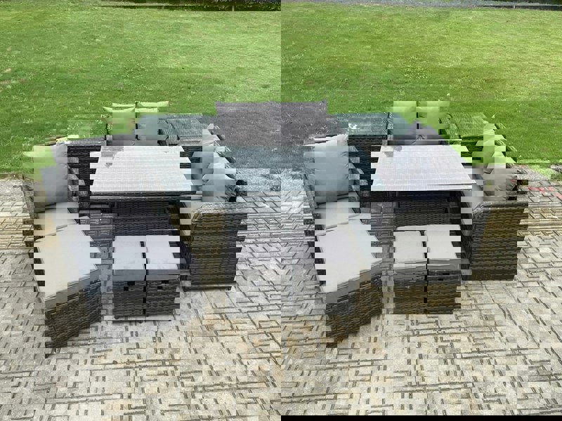Fimous 8 Seater Rattan Furniture Garden Dining Set Outdoor Height Adjustable Rising lifting Table Love Sofa Chair With 2 Side Tables 3 Footstools
