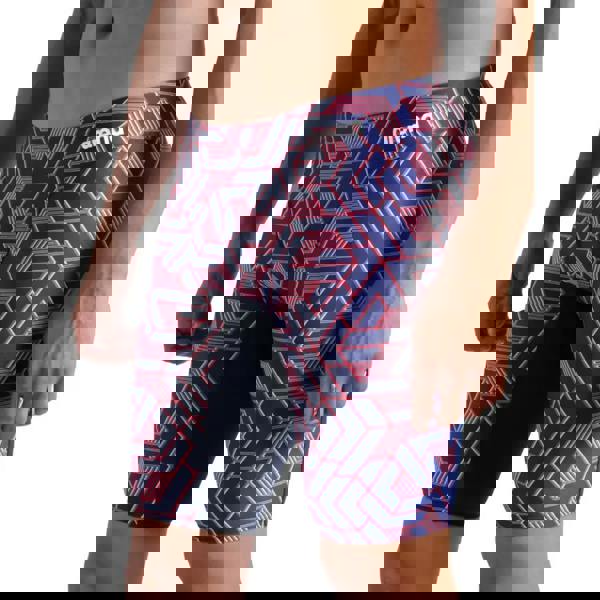 Arena Escape Swim Jammer in navy and pink geometric pattern