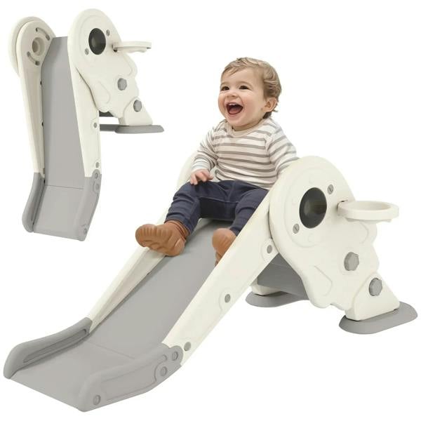 Cream 3-in-1 kids slide with basketball hoop and climber steps, anti-slip base