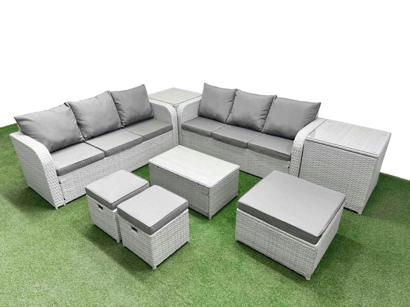 Fimous 9 Seater Outdoor Furniture Set, Wicker Rattan, Coffee Table, High Back Lounge Sofa, 3 Stools and 2 Side Tables, Light Grey