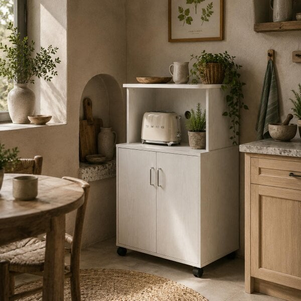 Wyld Haus Fari Move Wooden White Microwave Stand Kitchen Trolley With Storage Cabinet And Locking Wheels