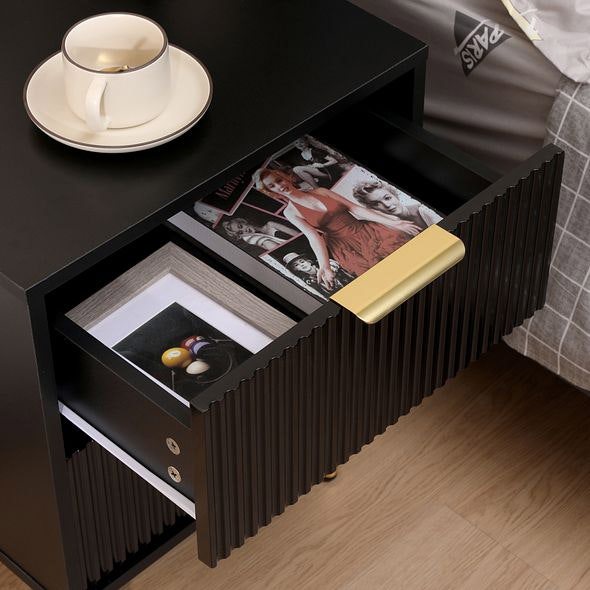 MMT Furniture Designs Bedside Table, 2 Drawers, White/Black with Gold Legs, 42cm Wide Chest