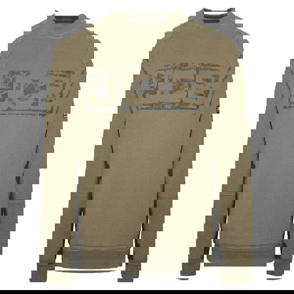 JCB Crew Trade Mens Work Pull Over Sweat Shirt, Khaki-colored sweatshirt with large distressed DCB logo print on the front and a small JCB logo patch on the sleeve.