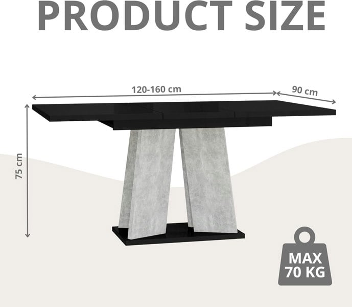 PHD Furniture Modern Extendable Dining Table 120-160x90 MUFO Black Gloss Concrete Effect