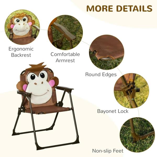 Kids folding chair with monkey backrest design and brown armrests, with umbrella base detail