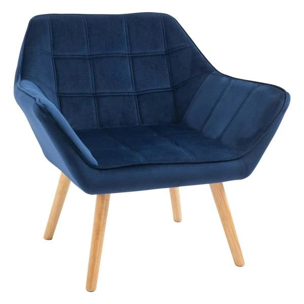 Blue upholstered accent armchair with slanted back, padded arms, and light wooden legs