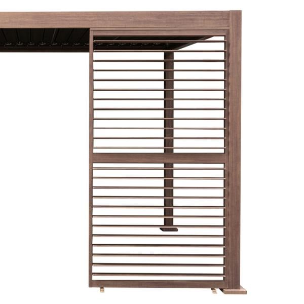 Wood effect aluminum pergola shutter panel in rich brown, featuring horizontal slats for ventilation and privacy, 123cm wide