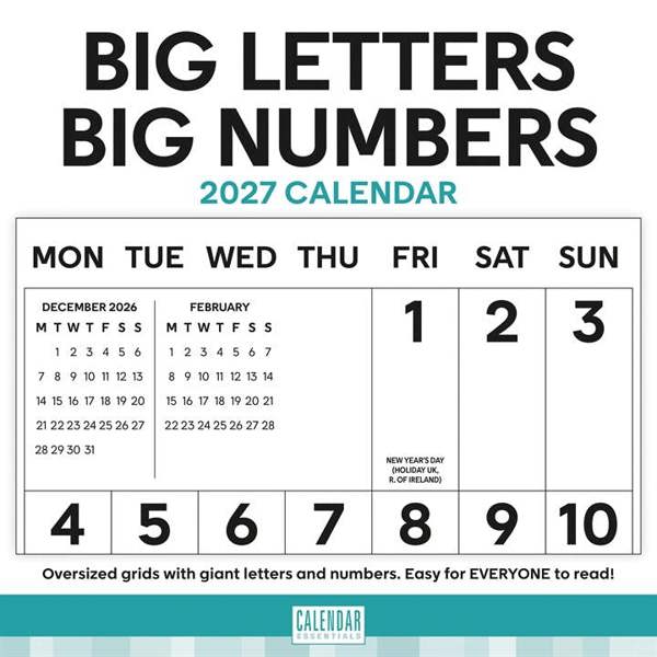 Essential, Big Letters, Big Numbers Calendar 2027, Wall Calendars, Month To View, Basics, Gift