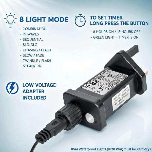 Cool White LED Fairy String Lights with Green Cable, 8 Modes, Memory and Auto Timer image 7
