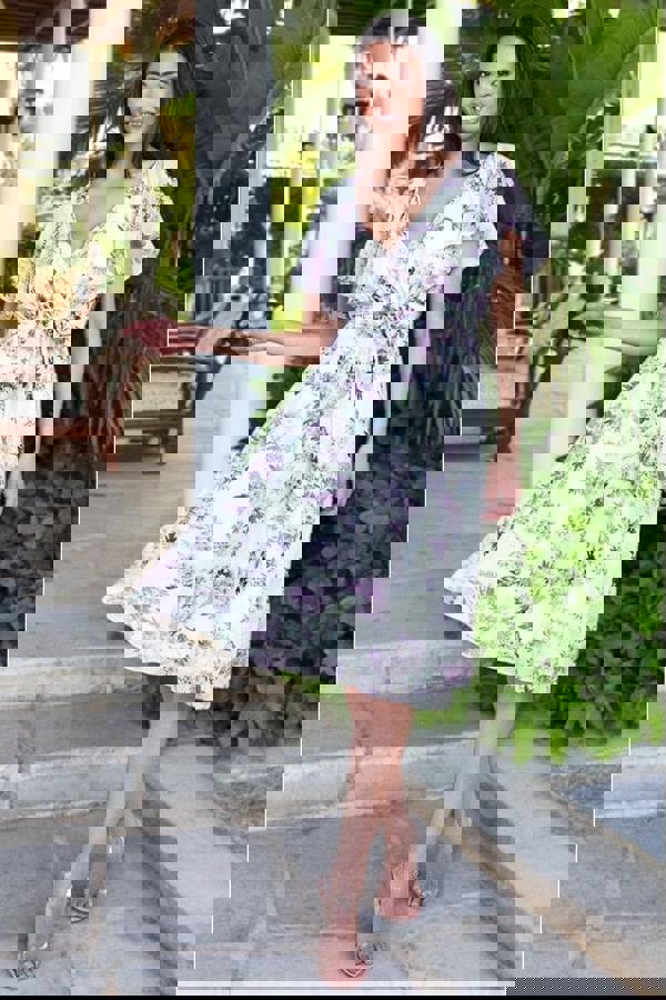 Floral Printed Flutter Sleeve Chiffon Midi Dress - Cream DR4515