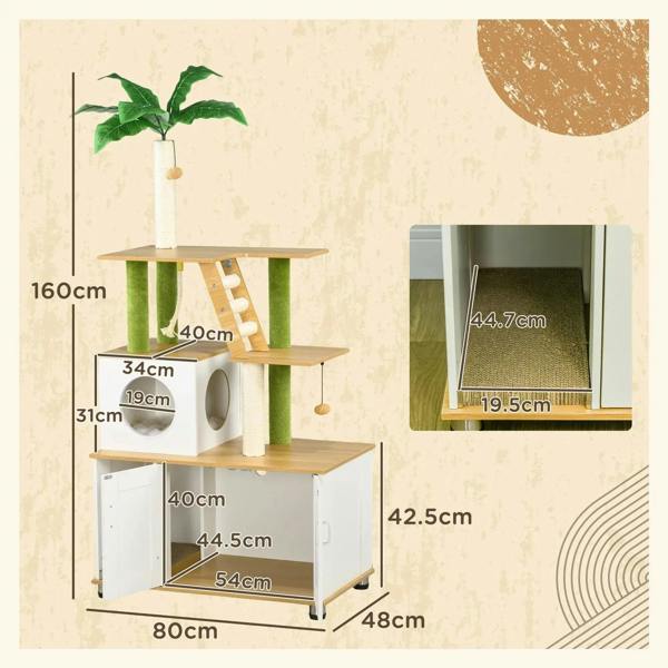Cat litter box cat tree size diagram with labeled dimensions and ladder, oak and green