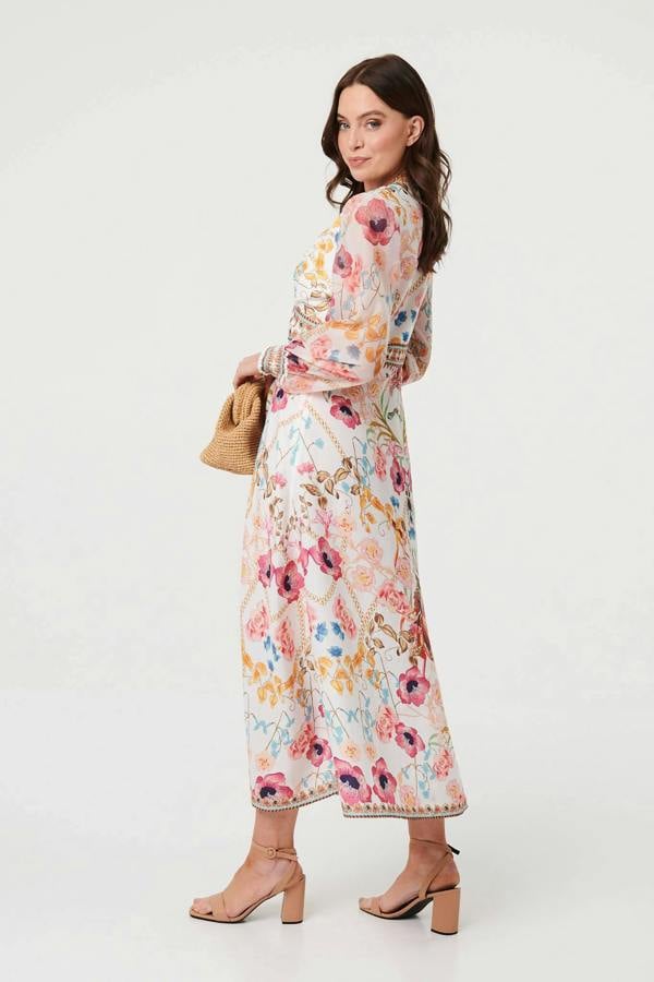 Pink | Floral Border Print V-Neck Maxi Dress