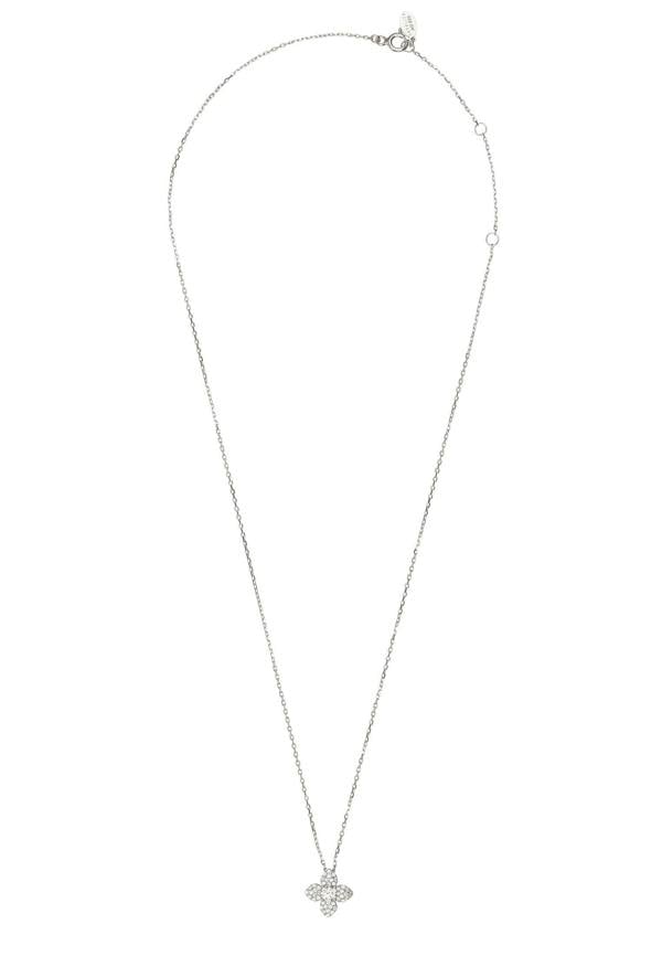 Silver necklace with a small pendant on a white background