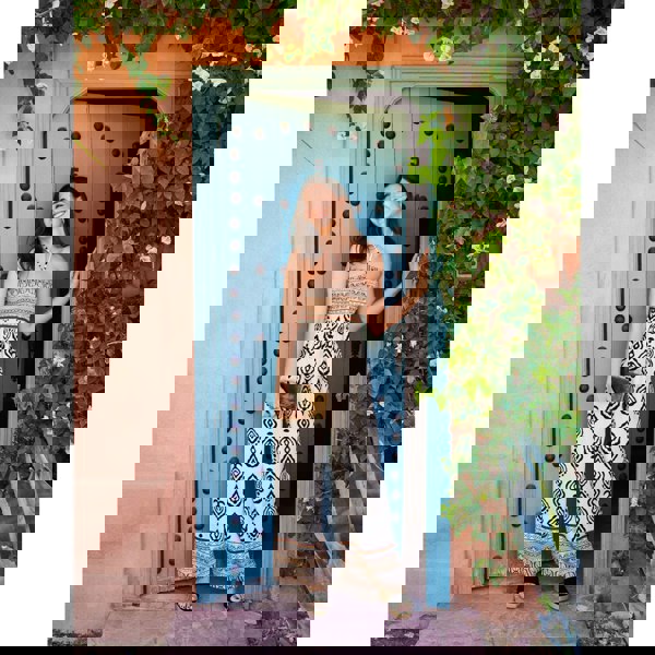 Blue Vanilla Print Strapless Bandeau Shirred Jumpsuit