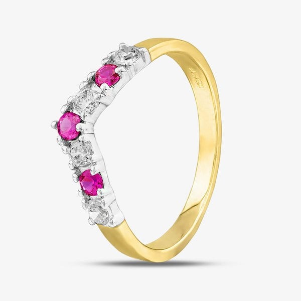 T. H. Baker 9ct Yellow Gold Red & Clear Crystal Wishbone Ring DIV003R