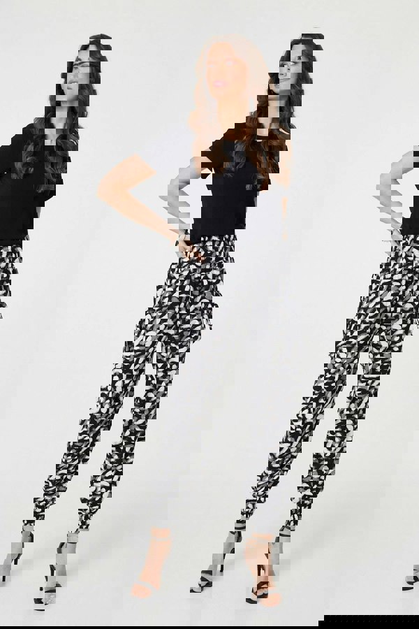 Black | Feather Print Harem Pants with Pockets