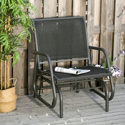 Bobobiy Outdoor Garden Glider Chair, Metal Frame Single Armchair Swing Seater with Breath Mesh Fabric Seat, Curved Backrest, Armrests, Dark Grey