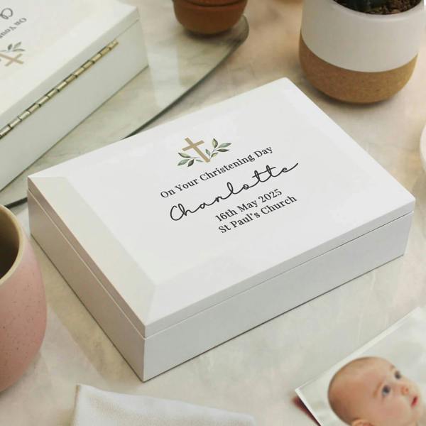 Personalised white wooden Christening jewellery box with cross design for Charlotte.