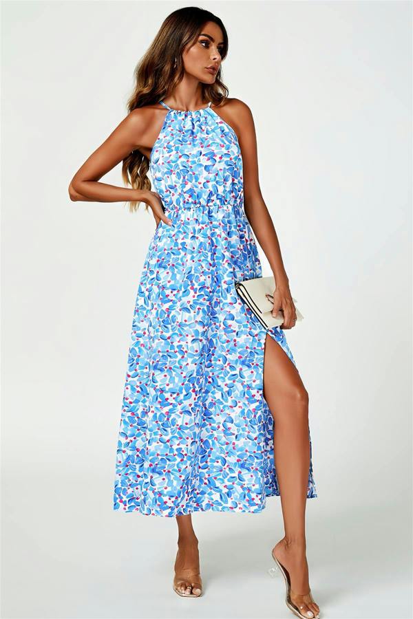FS Collection Tie Halterneck Floral Print Split Maxi Dress In Blue