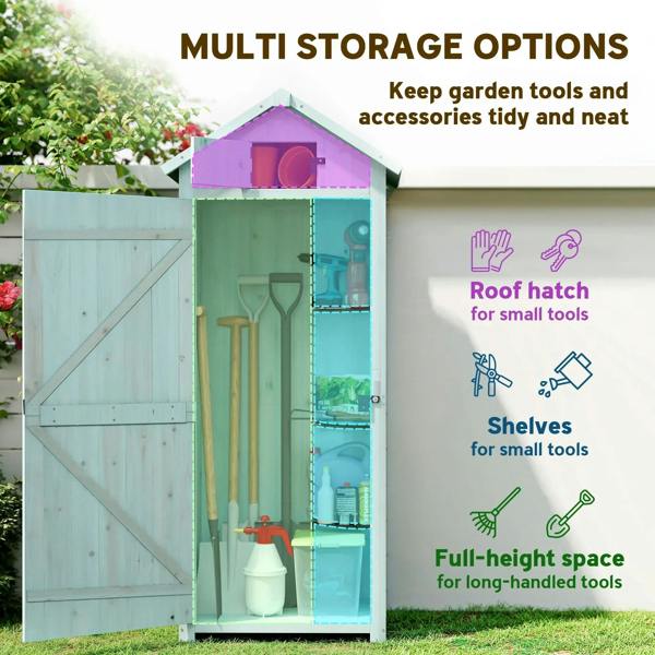 Blue wooden outdoor utility shed with open door showing full-height shelving inside
