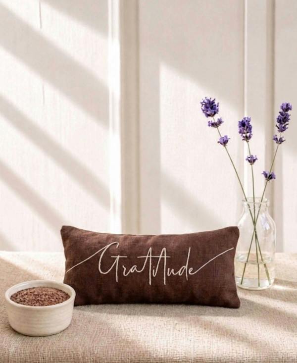 Gratitude Embroidered Linen and Lavender Eye Pillow - Brown - Lavender