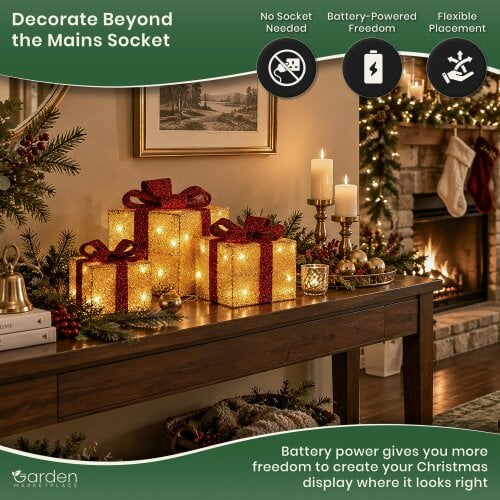 Light Up Christmas Parcels with 35 White LEDs - Set of 3, Gold and Red
