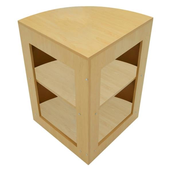 Maple Iris LED shop counter with a curved top, featuring two open shelves and a smooth wood finish for a modern display solution