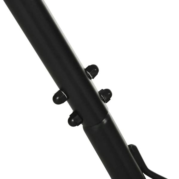 Close-up of black metal hammock stand pole with end connectors and mounting hardware.
