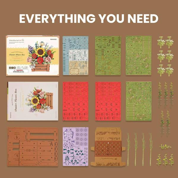 Dyzi 658 Piece Wooden Bloom Box 3D Floral Puzzle Model