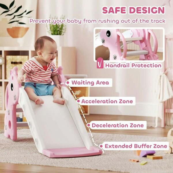 3 in 1 Kids Slide with Climber, Basketball Hoop and Ball, Giraffe Shape Climber Slide for Indoor Kids Age 1-3, Pink