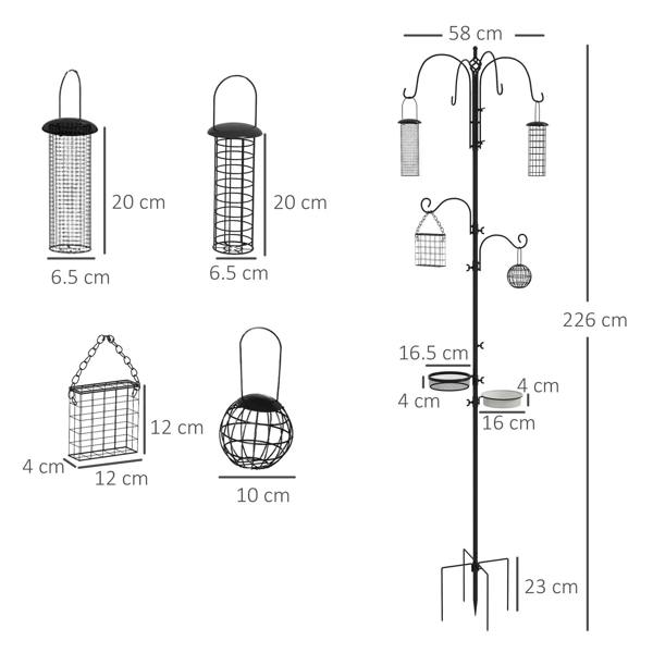 Bird feeding station kit diagram with black pole, hooks, feeders, and trays