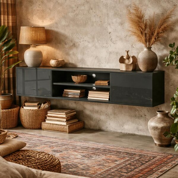 Wyld Haus Minoco Wooden Grey Floating TV Stand With Shelf and Doors For Screens Up To 60 Inches