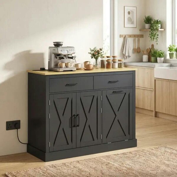 Tilt Out Trash Cabinet with Charging Station, Kitchen Island with Storage, 57 Liter Hidden Rubbish Bin Storage, Black - Black