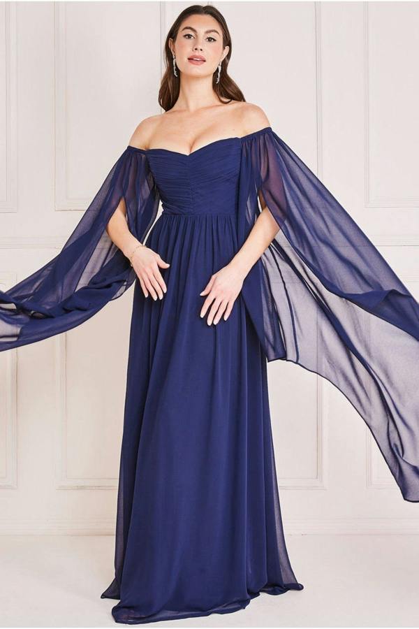 Chiffon Off The Shoulder Maxi With Cape Sleeves  - Navy DR3780