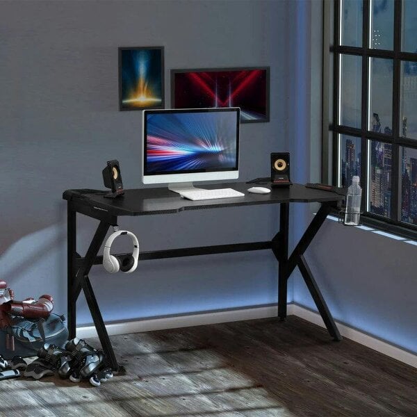 Gaming desk with Cup Holder Headphone Hook Feet Adjustable 120 x 66 x 75cm Black - Black