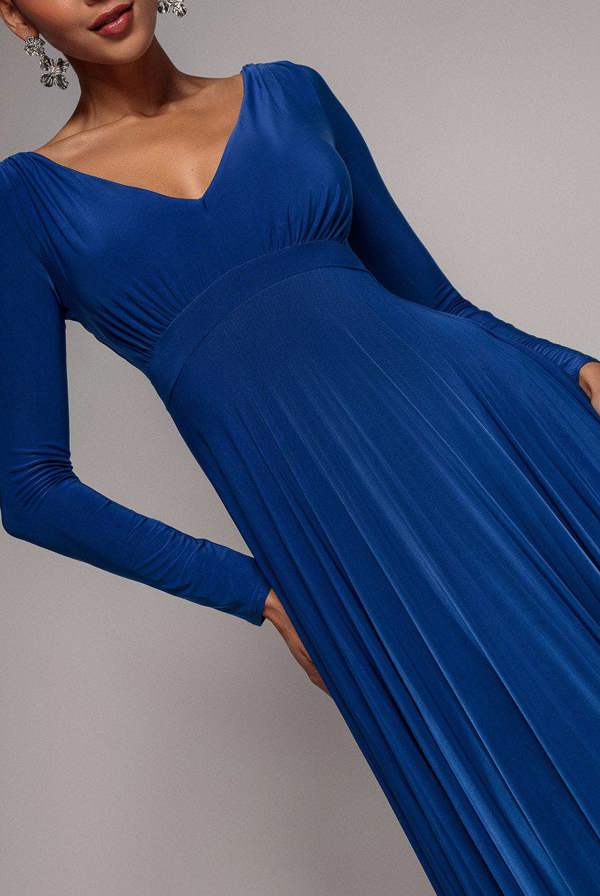 Plunge Neck Long Sleeve A Line Maxi Dress - Royal Blue DR2608