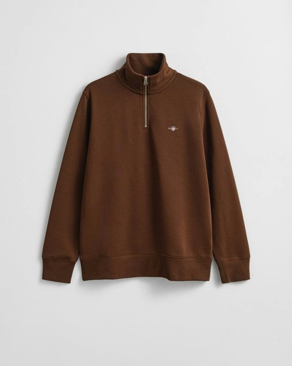 GANT Mens Regular Fit Shield Logo Half Zip Sweatshirt - 229 Mahogany Brown - CHO - Designer Mens Half Zip Sweatshirts