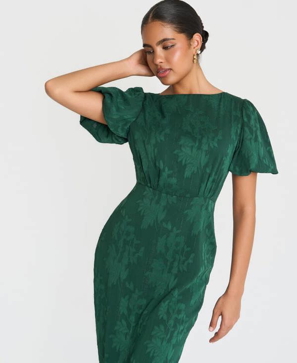 Needs No Label Forest Green Jacquard Puff Sleeve Midi Dress