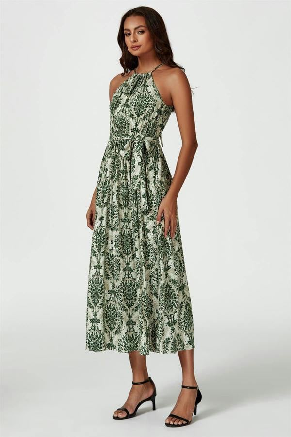 FS Collection Green & Beige Floral Print Tie Halterneck Maxi Dress