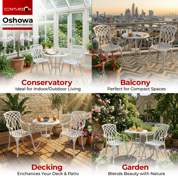 Centurion Supports OSHOWA Luxurious Garden and Patio Table and 2 Large Chairs with Armrests Cast Aluminium Bistro Set - White