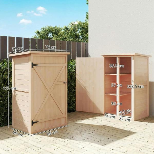 Natural wood outdoor storage shed with side dimensions and open door on a patio