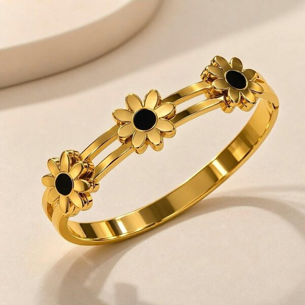 The Colourful Aura 18ct Gold Plated Black Daisy Flower Hinged Bangle Floral Bracelet