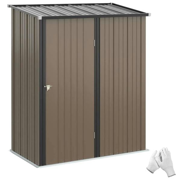 Brown corrugated steel garden shed with double doors and dark trim, flat roof