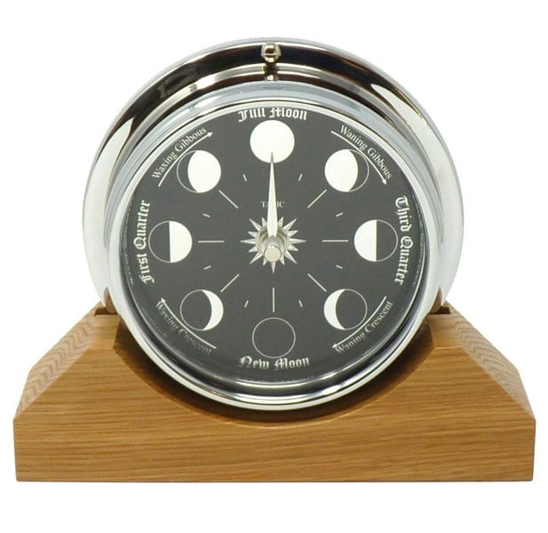 Handmade Prestige Moon Phase Clock in Chrome on an English Light Oak Mantel/Display Mount - TABIC CLOCKS