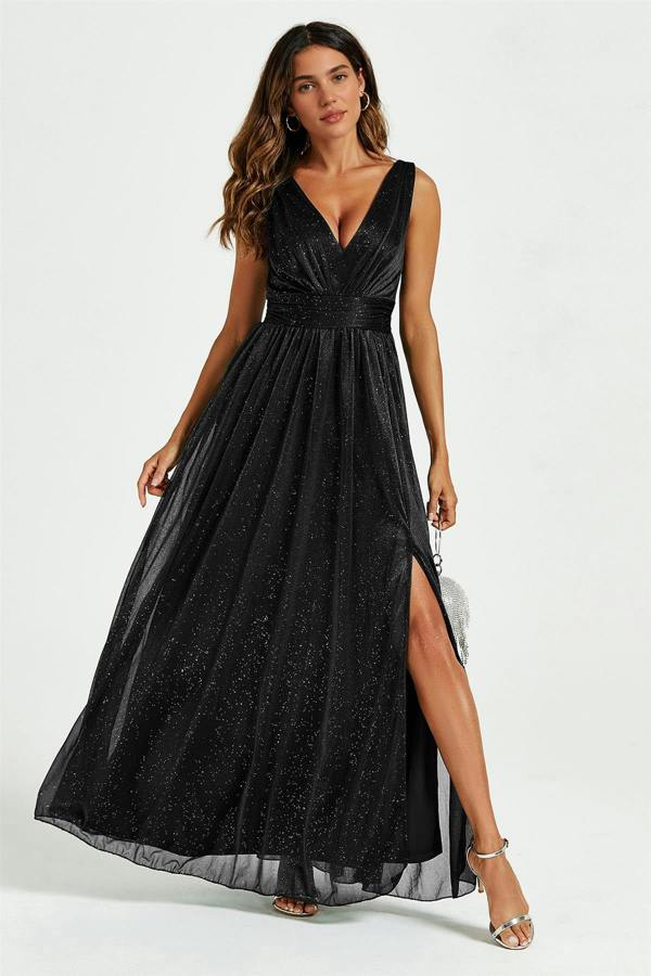 FS Collection Sparkly V Neck Bridesmaid Maxi Dress In Black