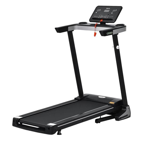 Black motorised folding treadmill with built-in control panel and handrail console